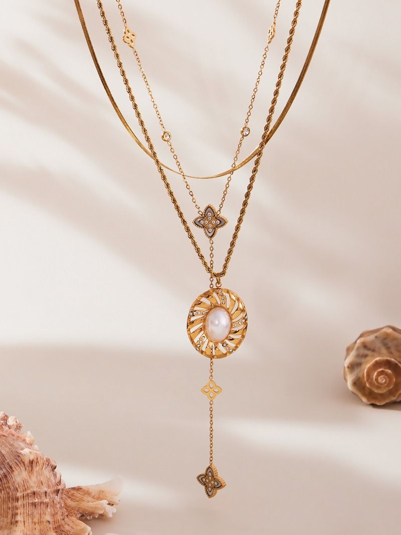 Gold Plated Initial Necklace Set, Personalized Letter Pendant Necklaces With Oval Shell Inlay, Custom Daily & Gift Jewelry Collection_voghion.com