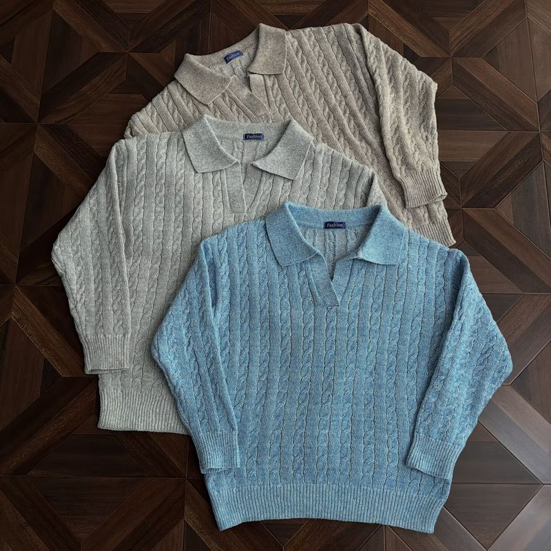 Maglione classico con colletto jacquard: intramontabile ed elegante (S-3XL, grigio/beige/blu, vestibilità comoda, lavabile in lavatrice)_voghion.com