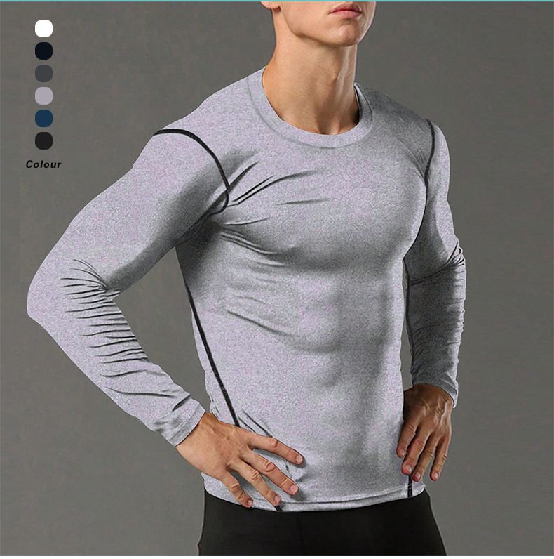 Long sleeved solid color men's PRO fitness sports running tight fitting T-shirt elastic sweat wicking quick drying shirt_voghion.com
