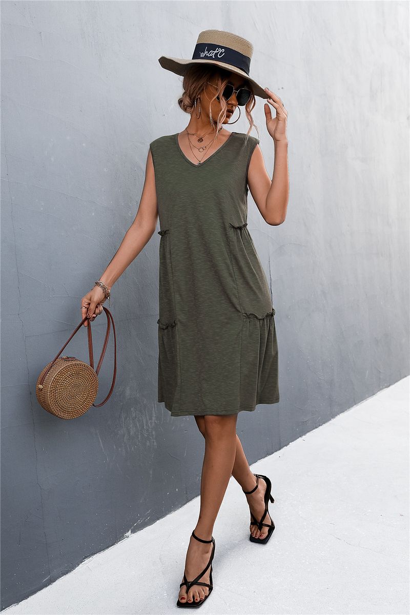 2023 frühjahr/Sommer Neue Solide V-ausschnitt Ärmelloses Tank Top Gestrickte Kleid Kurzen Rock_voghion.com