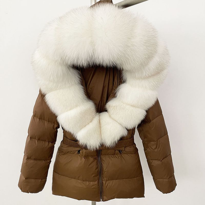 Nuovo stile caldo del commercio estero, giacca corta da donna con collo in vera pelliccia di volpe, giacca in piumino con vita sottile e spessa_voghion.com