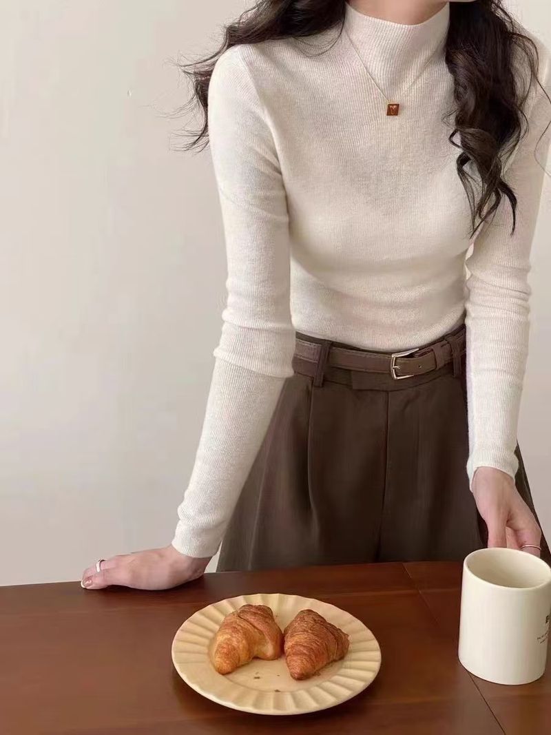 Women's Clothing Wool Sweater High Collar Sweater Women's Spring And Autumn High End Slim Bottom Pullover Knitted Sweater Thin White_voghion.com