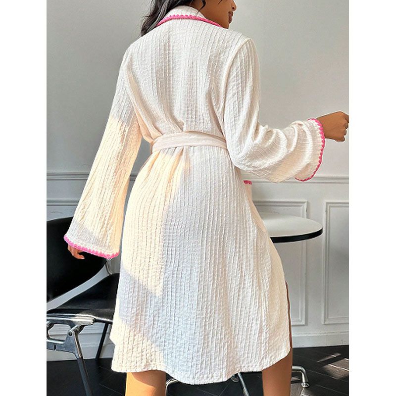 Intimo e pigiami Elegante vestaglia da donna con cintura in vita - Pigiama a maniche lunghe di media lunghezza con colletto a contrasto, comodo abbigliamento da casa_voghion.com