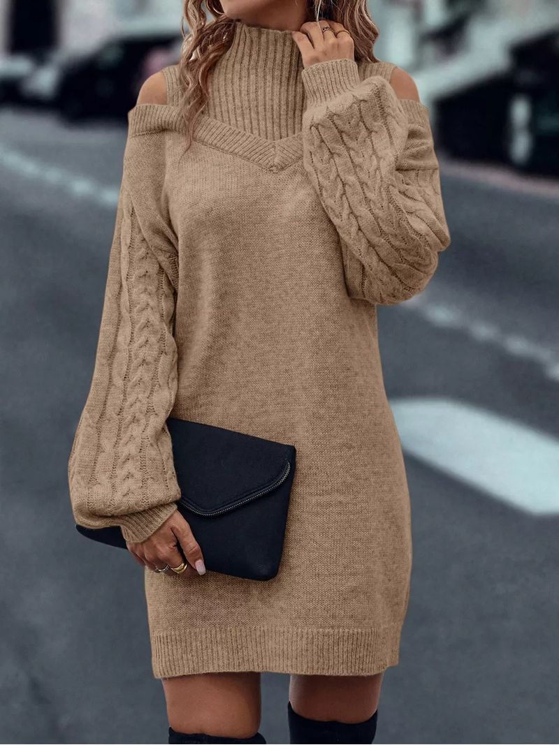 Oversize-Pulloverkleid aus grobem Strick – Halbrollkragenkleid mit Schulterdetail und langen Ärmeln_voghion.com