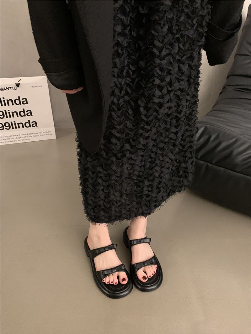 Chunky Heel French Bowknot Sandals Women's Beach Shoes Spring Summer White One-Strap Slippers_voghion.com