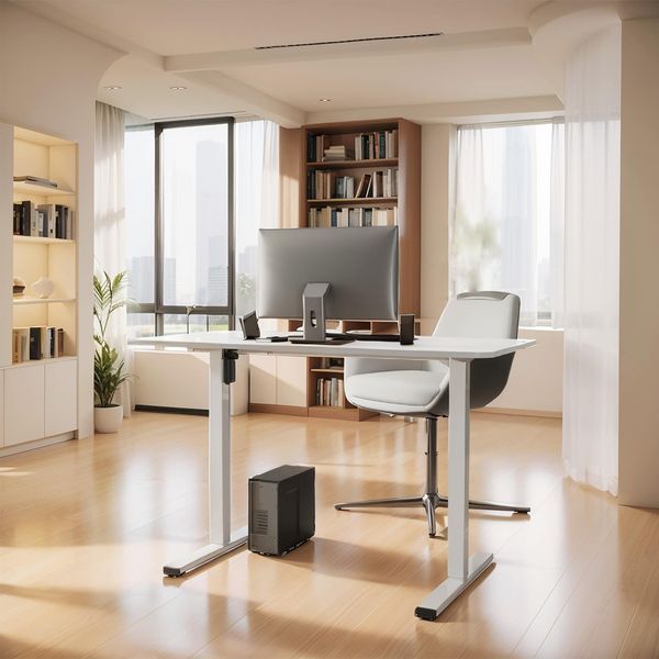 Electric Standing Desk Whole Piece Adjustable Height Desk Home Office Computer Workstation Sit Stand Up Desk (White Frame + White Top)_voghion.com