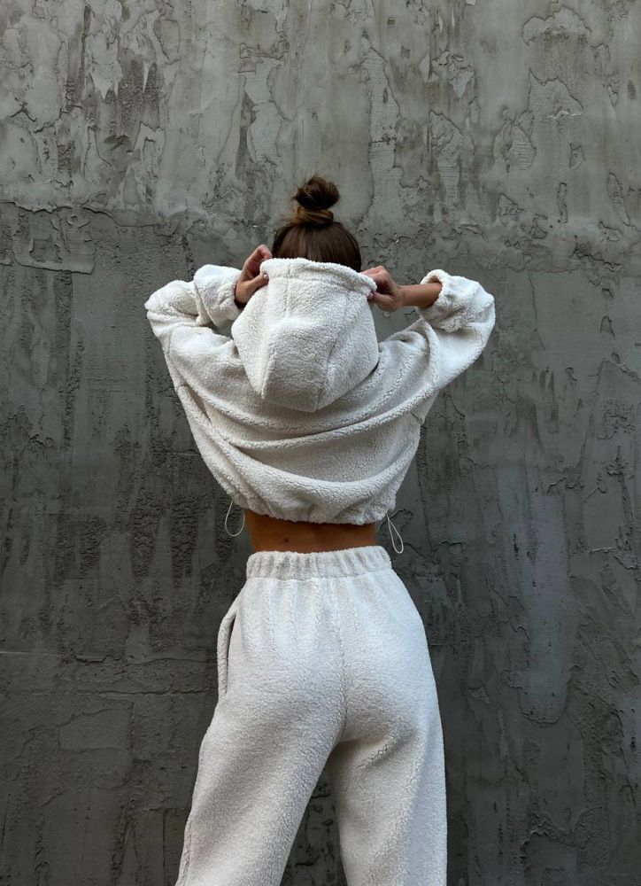 Ensemble pull et pantalon en polaire à manches longues et col rond pour femme - Tenue streetwear décontractée deux pièces (disponible en beige, bleu, noir, blanc)_voghion.com