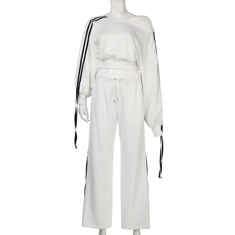 Moda Casual Autunno Inverno Sportivo Due Pezzi Set Maglione Felpa con Nastro Vita Alta Pantaloni Lunghi Larghi 2024_voghion.com