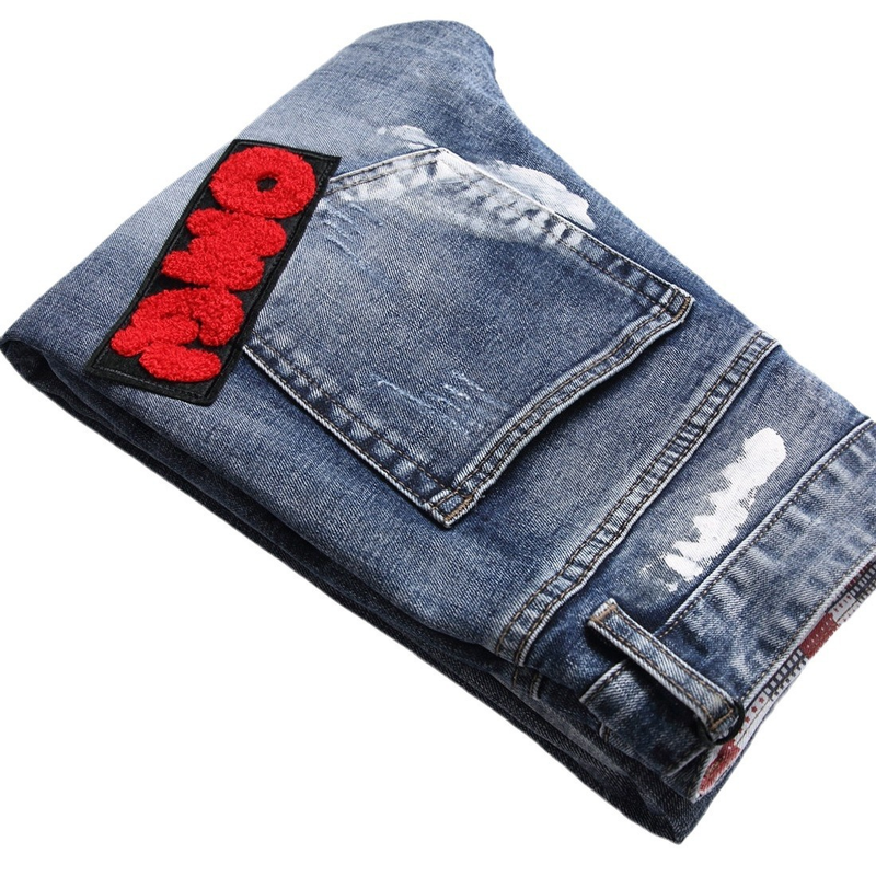 Hand-Painted White Lacquer Full Wash Process Personalized Towel Embroidery Badge Small Straight Elastic Jeans For Men_voghion.com
