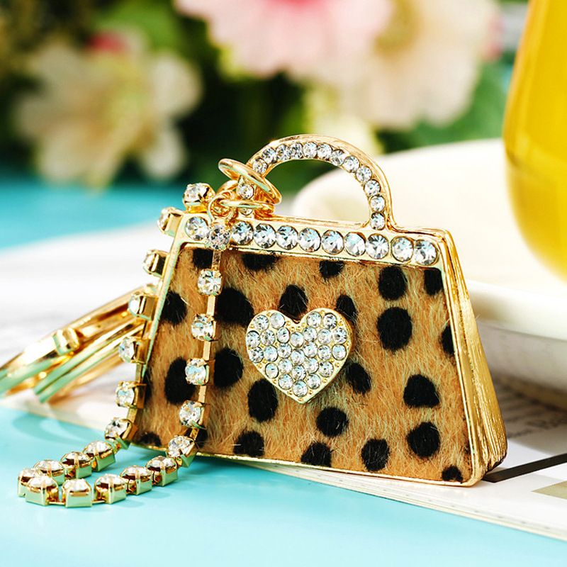 Portachiavi per auto con ciondolo per borsa in vera pelle con strass e stampa leopardata, stile coreano, creativo, in metallo, con anello portachiavi, regalo_voghion.com