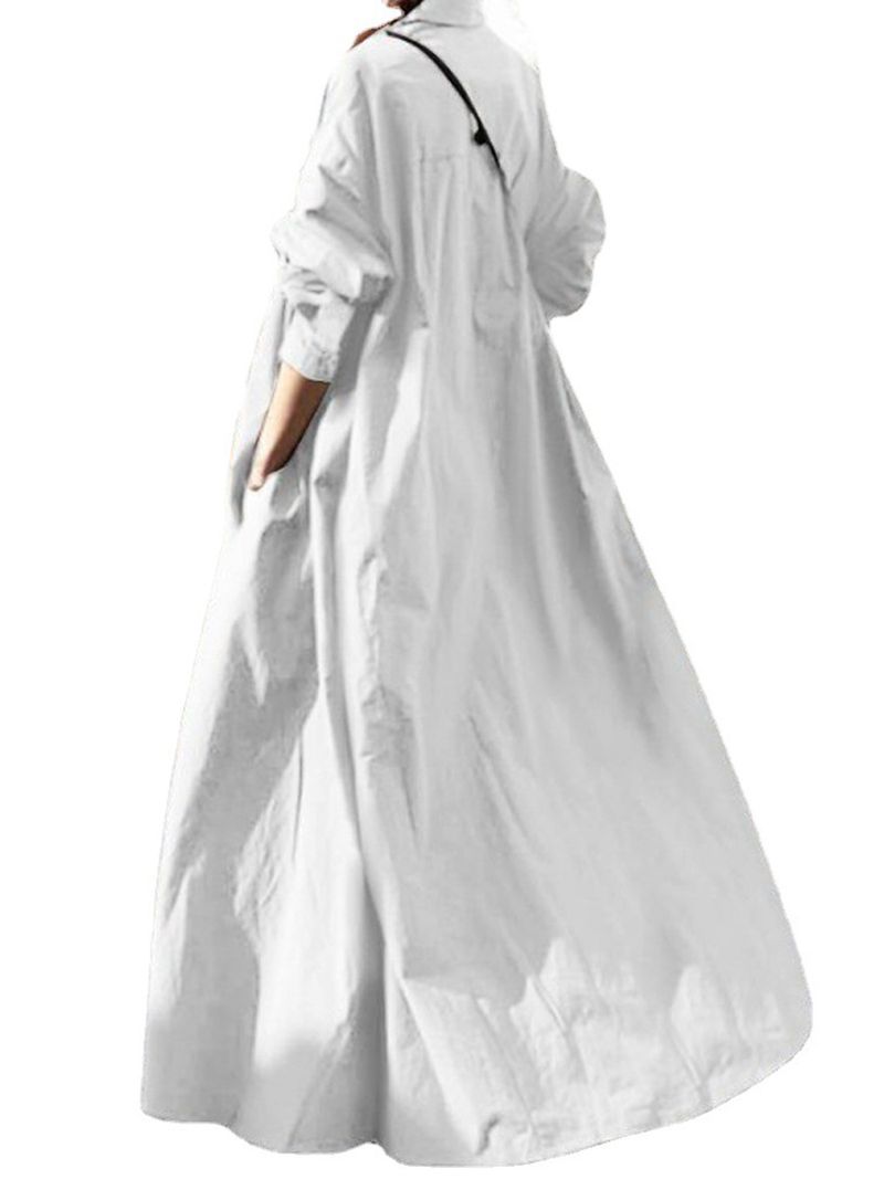 Vestido bohemio extragrande de algodón y lino para mujer: manga larga, cuello con muescas y falda larga holgada (blanco, negro y verde militar, tallas S-5XL, estilo étnico chic y relajado)._voghion.com