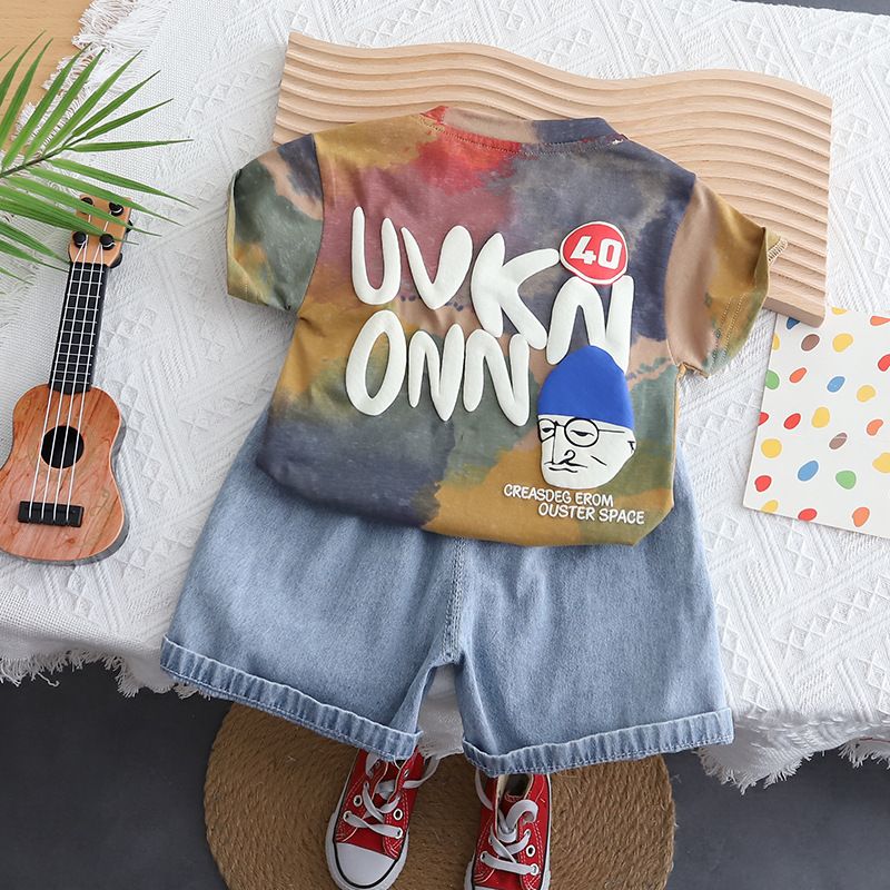 2024 Neue Sommer Jungen Rundhals Krawatte gefärbt bedruckt Kurzarm bequeme Cowboy Baumwollshorts Zweiteiliges Set_voghion.com