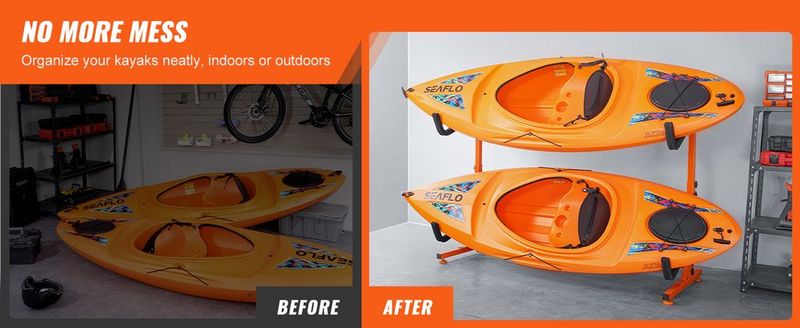 VEVOR Freestanding Kayak Storage Rack, Kayak Stand For 2 Kayak Canoe Paddleboard, Heavy-duty Steel Kayak Hanger Holder With Padded Arms And Adjustable Width, 175LBS Max Load, For Indoor Outdoor Garage_voghion.com
