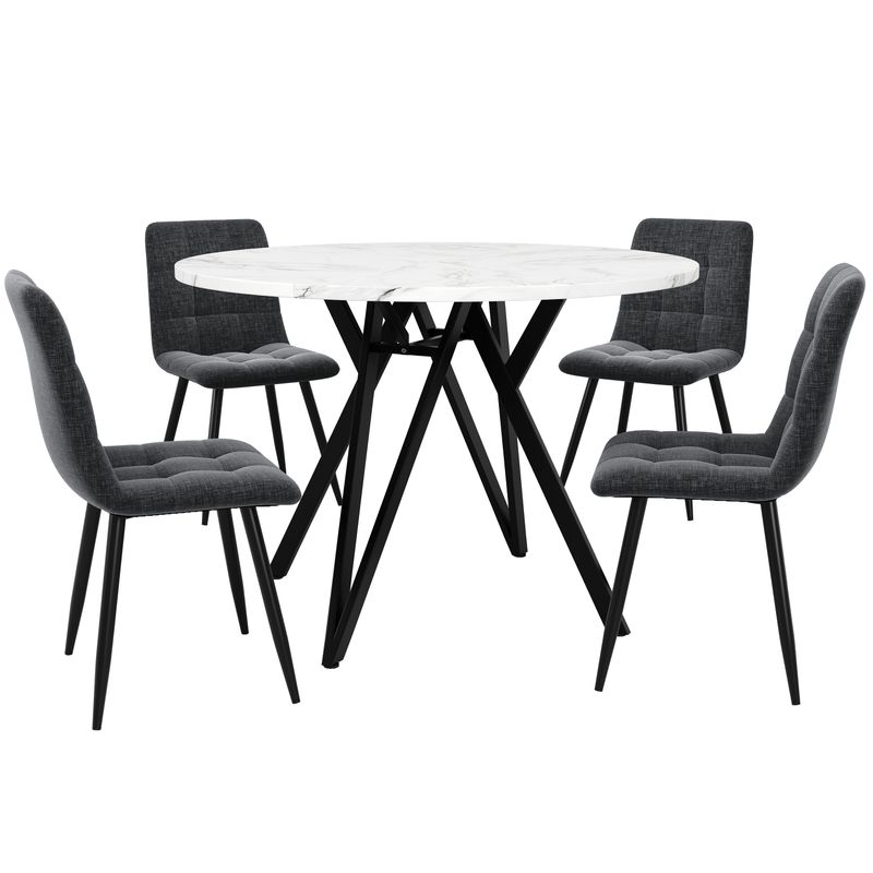 5-teiliges Esstisch-Set Mit Runder Tischplatte (Ø100 Cm), Schwarze Metallbeine, MDF-Marmoroptik, Graue Leinenstühle_voghion.com