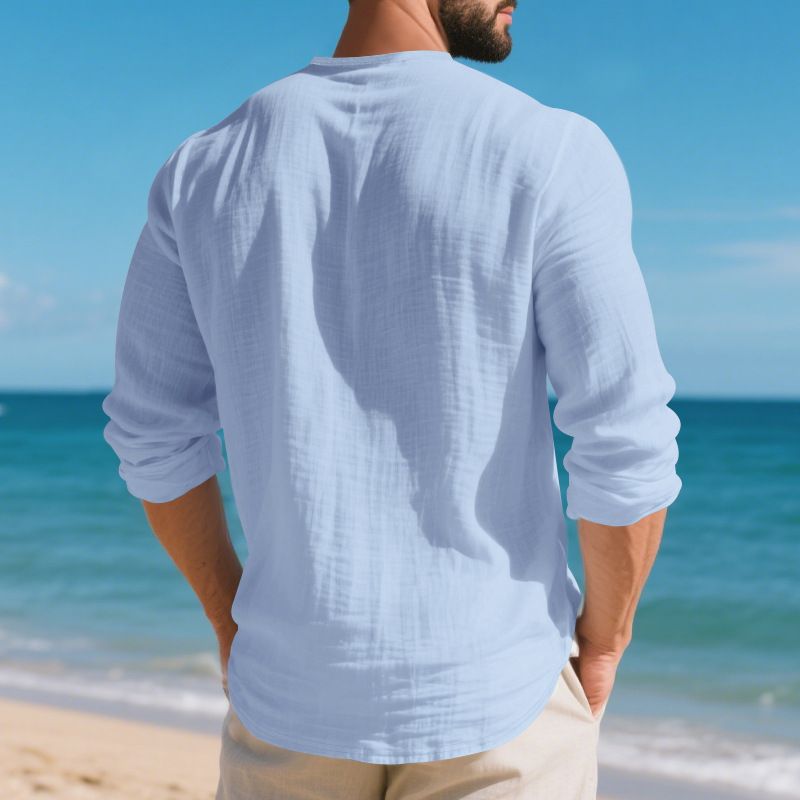 Grenzüberschreitendes Herbstneuprodukt Amerikanisches lockeres, einfarbiges Leinen-Lässiges Herren-T-Shirt mit V-Ausschnitt und großem Langarm_voghion.com