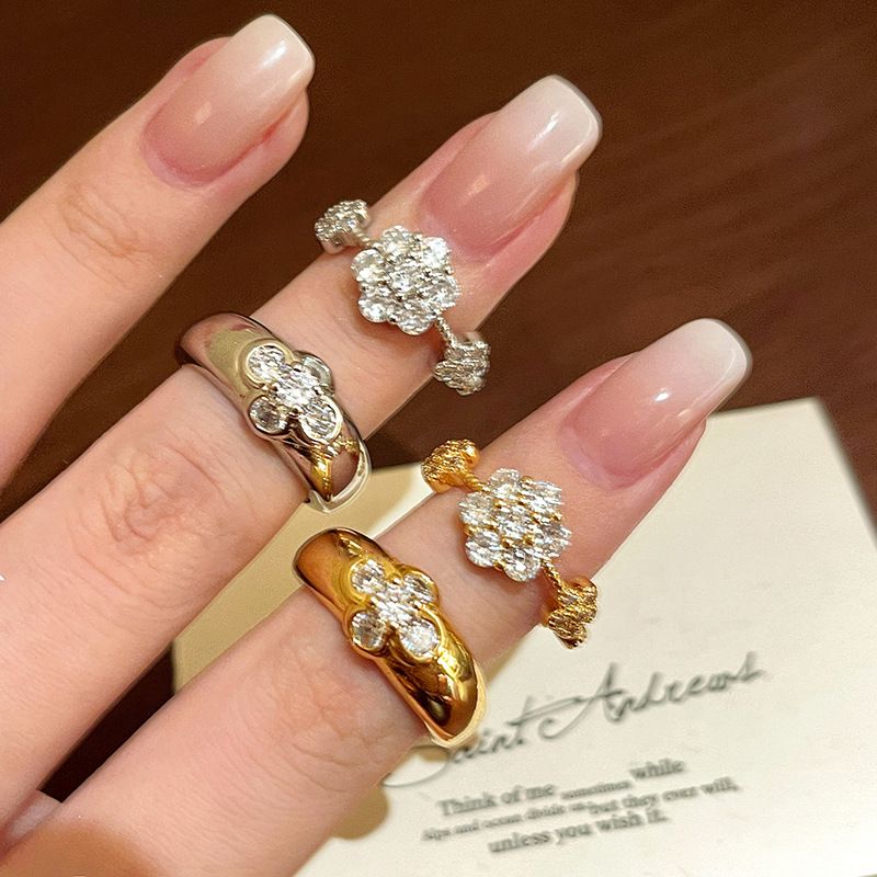 Retro Zircon Flower Opening Ring For Women Niche Simple Light Luxury Index Finger Ring Fashionable Temperament High-end Feel Hand Jewelry For Women_voghion.com