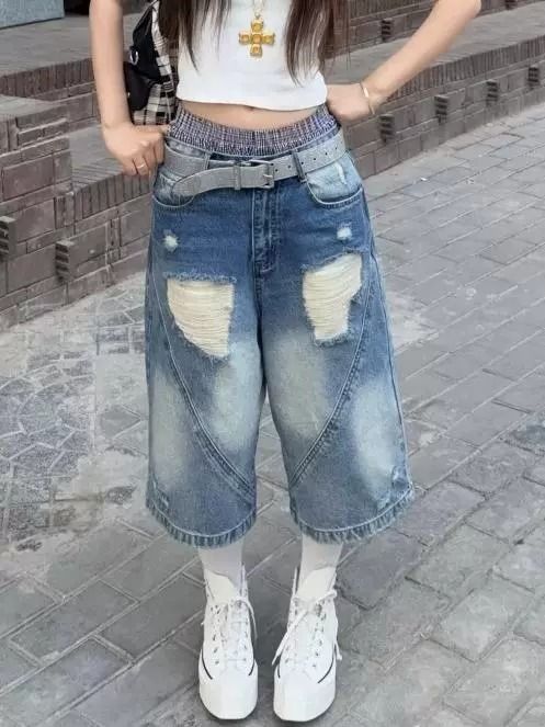 Pantaloncini in denim vintage lavati con gradiente estivo, pantaloni a gamba larga a scimitarra, design high street, versatili ed elasticizzati_voghion.com