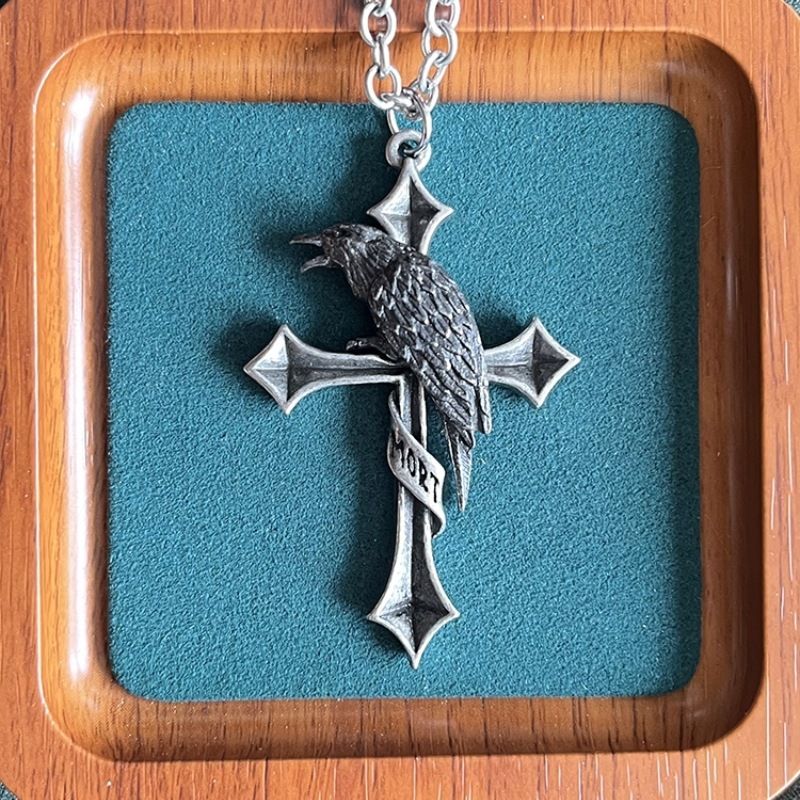 Collana con ciondolo versatile da uomo alla moda, accessorio in stile gotico punk dark, croce nera e corvo._voghion.com