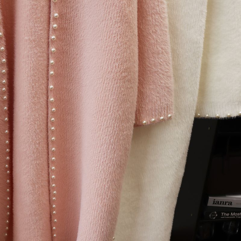 Cárdigan de punto de imitación de chinchilla con cuentas: abrigo extralargo y extragrande (poliéster afelpado, cuello en V, minimalista en blanco, rosa y negro, ideal para el trabajo y la noche)_voghion.com