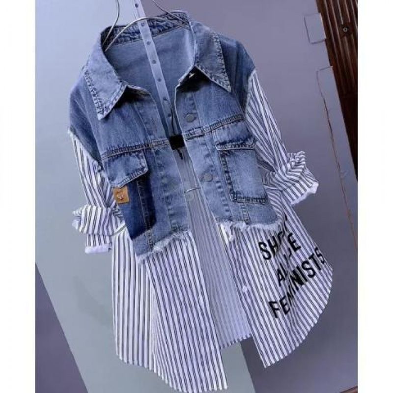 Modisches zweifarbiges Jeanshemd für Damen – Stylischer Lagenlook mit gestreiftem & weißem Kontrastdesign – Lässige Langarmbluse fürs Büro_voghion.com