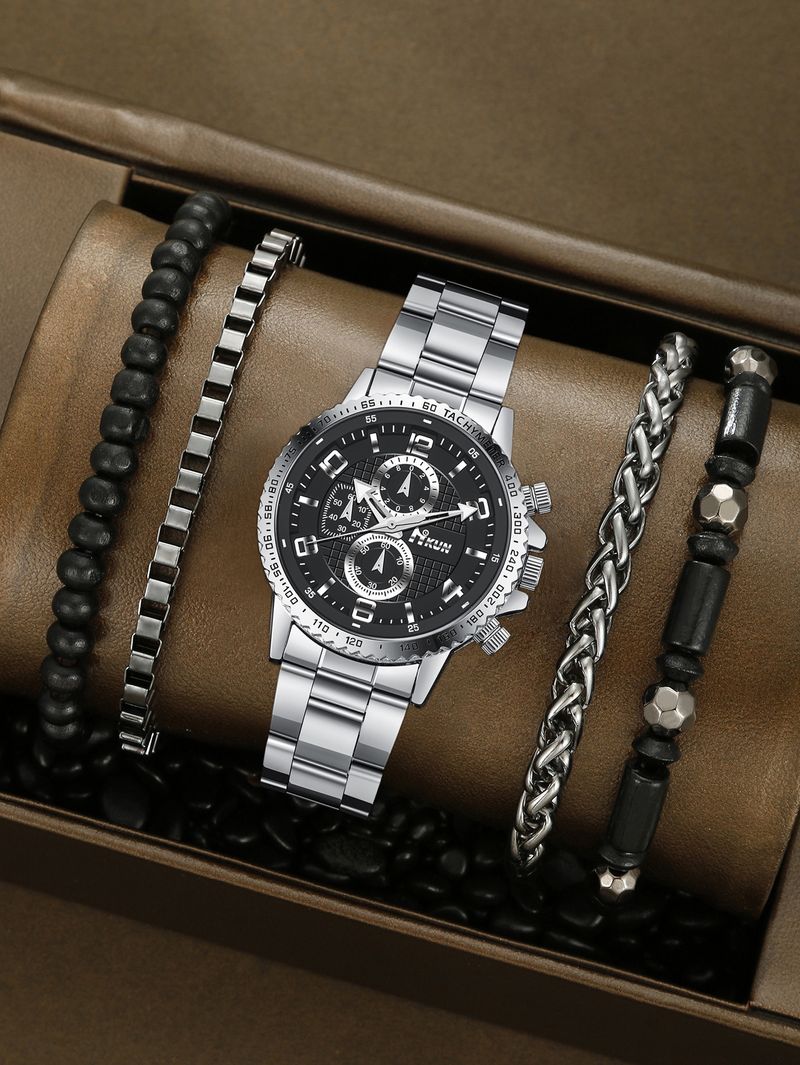 Men's Watch Set Grid Digital Pointer Steel Band Men's Quartz Watch Business All Match Crown Bracelet Set_voghion.com