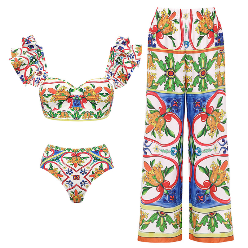 Women's one-shoulder ruffled enamel print beach vacation one-piece swimsuit suit_voghion.com