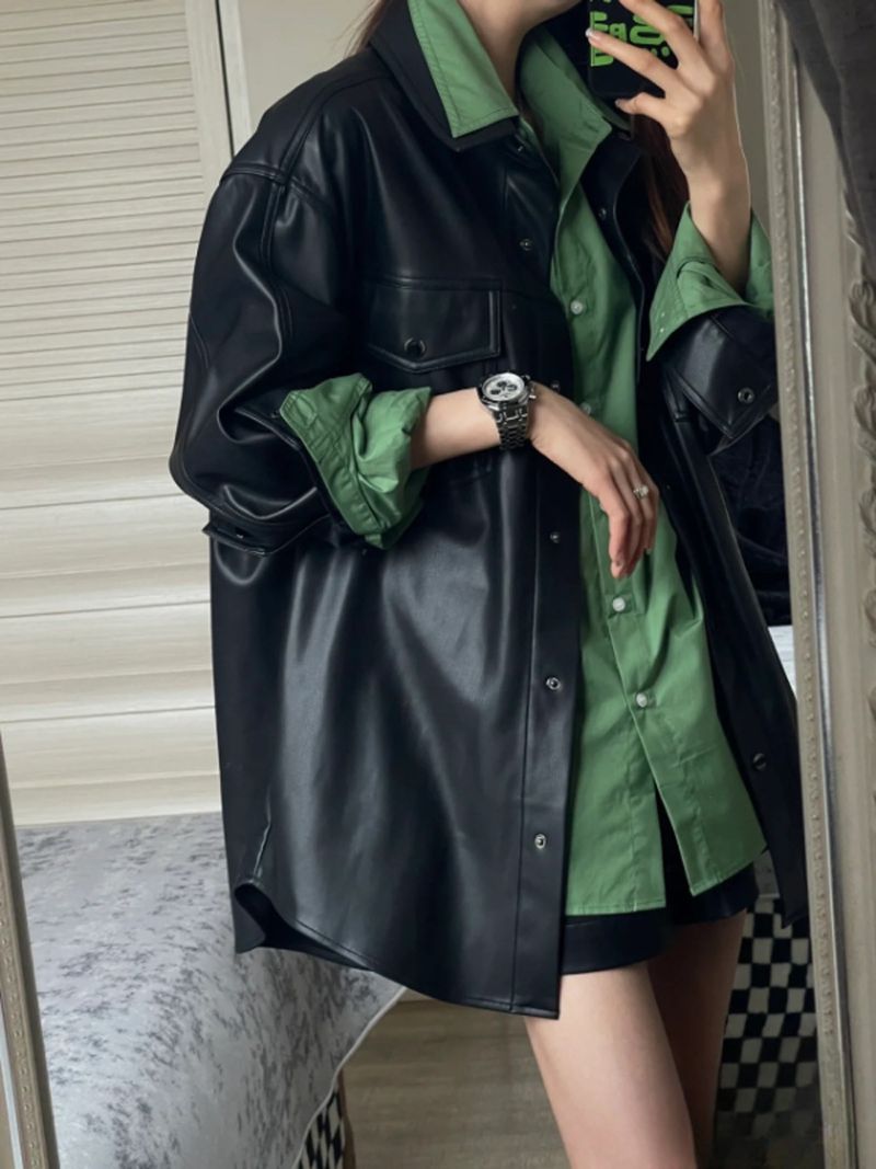 Giacca casual ampia e calda in pelle PU nera da donna, primavera-autunno 2023_voghion.com
