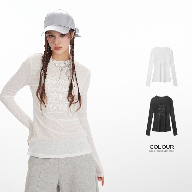 2025s HeyHenry 2025 Foam Printed Round Neck Slim Fit Long Sleeved T-shirt For Women's Spring And Summer Cover Up Top_voghion.com