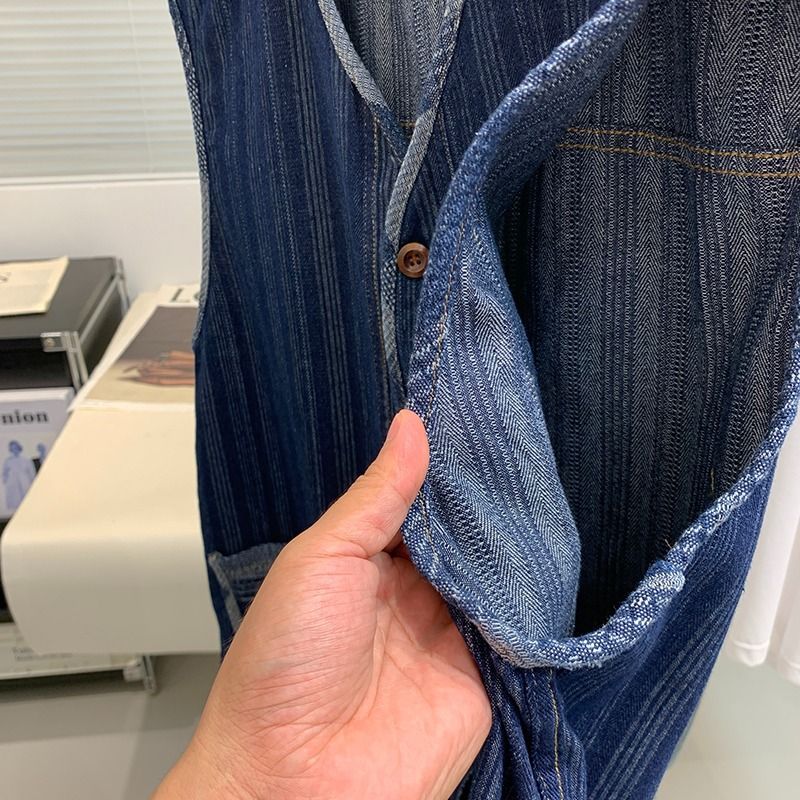 Men's Casual Denim Vest With V-Neck & Multiple Pockets - Loose Fit Unisex Workwear Jacket For Summer_voghion.com