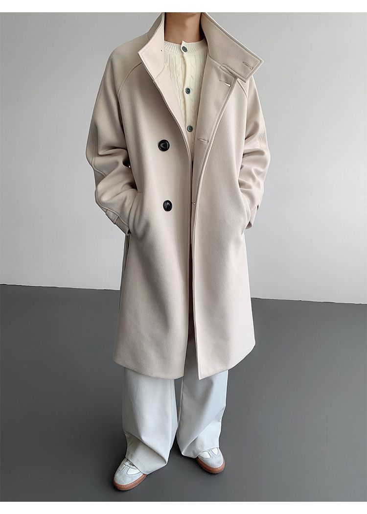 Gabardina de mezcla de lana con cuello alto para hombre: abrigo largo entallado, chaqueta de invierno de botonadura sencilla (negro/albaricoque, M-5XL)_voghion.com