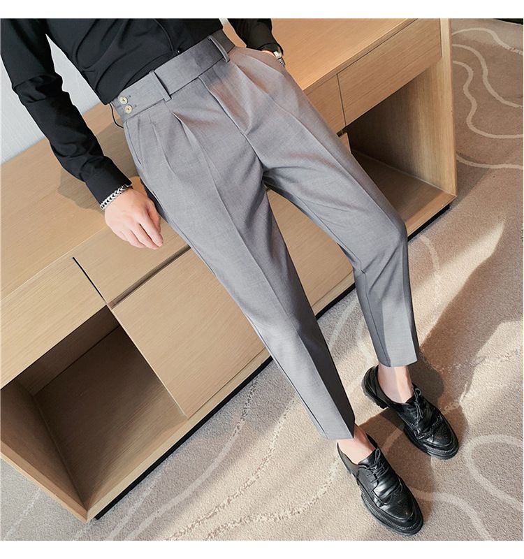 Pantaloni napoletani da uomo nuovi di zecca, in twill strutturato, con vita a pieghe, design casual a nove punte, vita media e alta_voghion.com