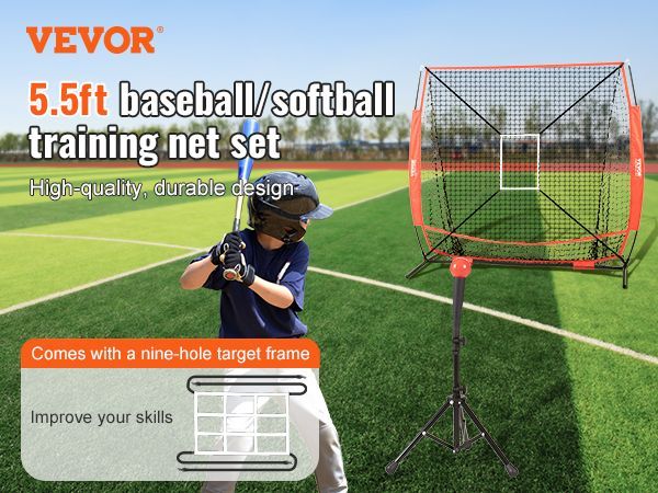 VEVOR 5x5 Ft Baseball Softball Practice Net, Portable Baseball Training Net For Hitting Batting Catching Pitching, Backstop Baseball Equipment With Bow Frame, Carry Bag, Strike Zone, Ball, Batting Tee_voghion.com