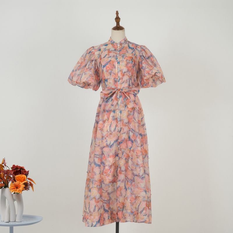 Robe à simple boutonnage, manches courtes, style palais d'été, design haut de gamme, résistante, clou diamant_voghion.com