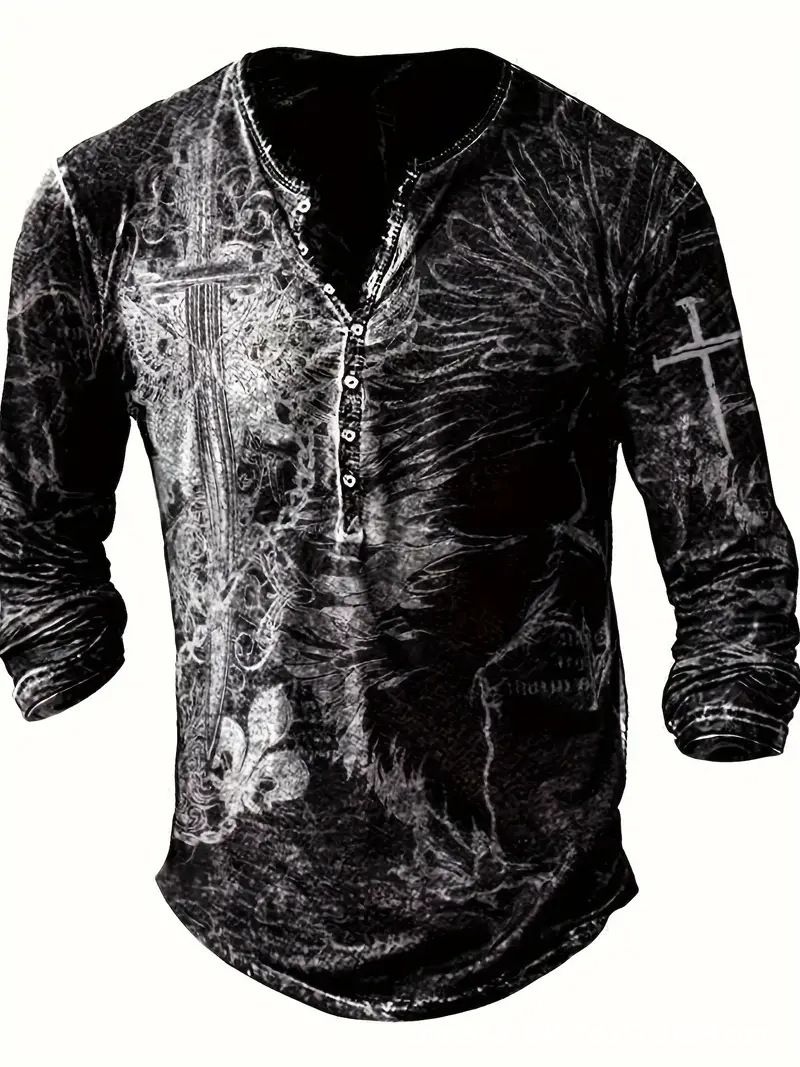 Unbeatable Quality Summer Digital Printed Youth Henley Shirt 7-Button Men's Casual Long Sleeve_voghion.com