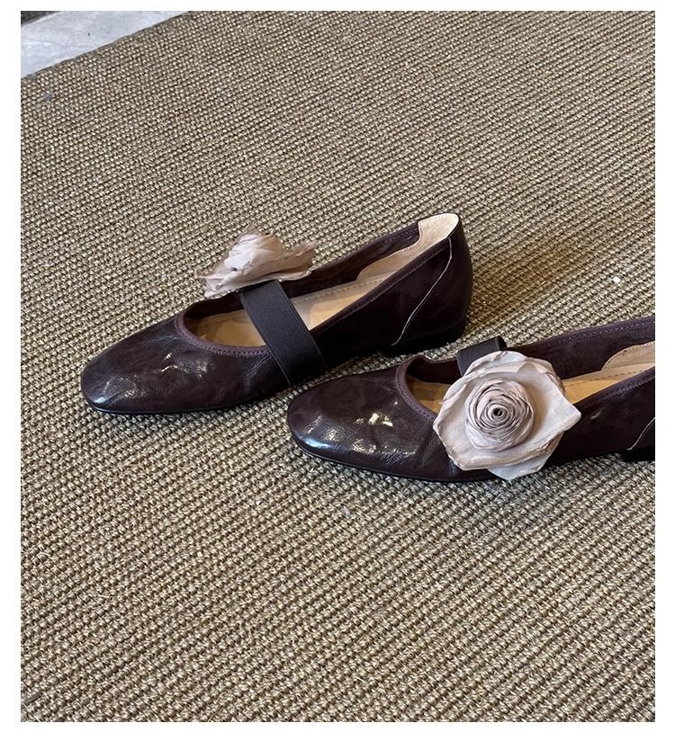 Versione in pelle di pecora ~ Scarpe singole con suola piatta francese e fiore, bocca bassa, per donna, nuove scarpe da sera primaverili e autunnali_voghion.com