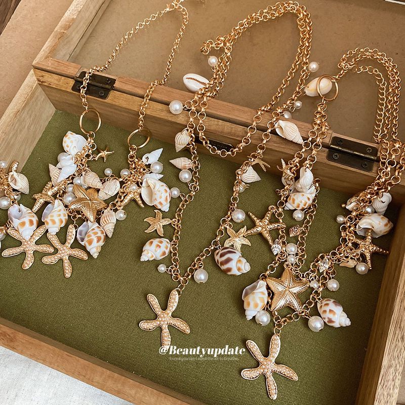 Bohemian Beach Starfish Shell Necklace Set Seaside Vacation Style Collarbone Light Luxury High-End Waist Chain For Women_voghion.com