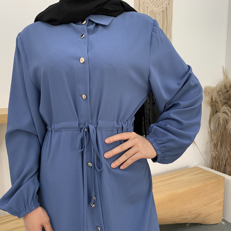 Roupas femininas nova moda muçulmana lapela cor sólida botão completo vestido fino saia longa_voghion.com