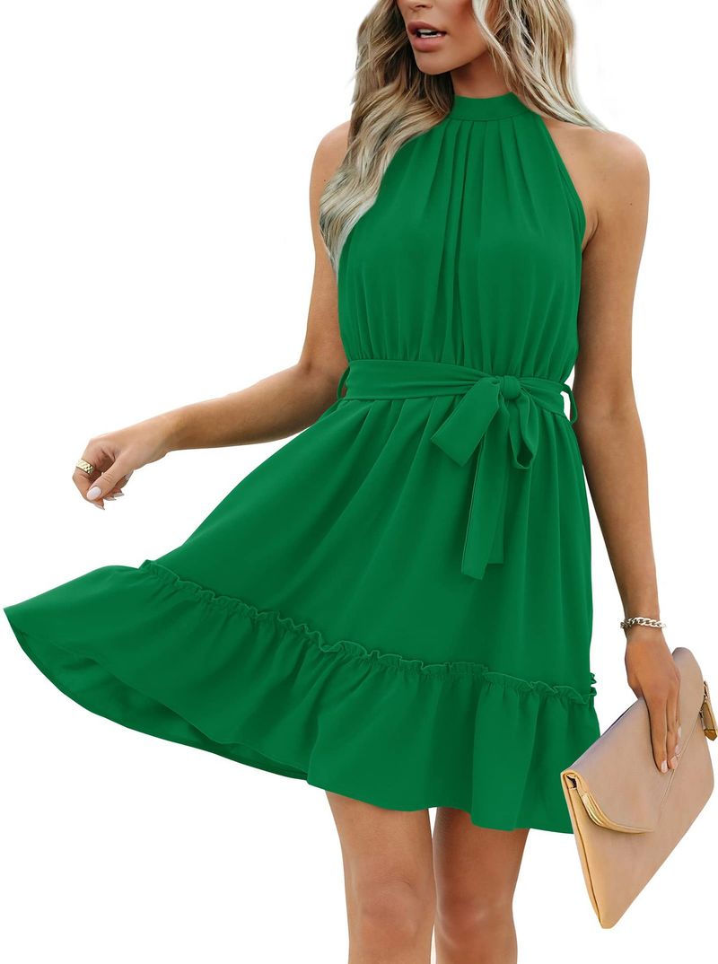 2023 Frühling und Sommer, A-Linien-Rock, Neckholder, florales Schnür-Tunika-Kleid mit offenem Rücken_voghion.com