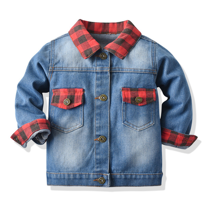 abbigliamento per bambini Giacca in denim per bambini manica lunga camicia in denim finto a due pezzi con quadri rossi neri_voghion.com
