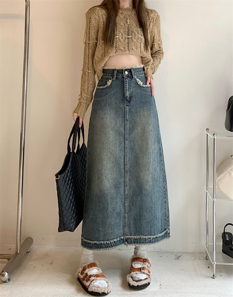 Fino Instagram Verão Cintura Alta Corpo Pequeno Denim A-line Design de Borda Desfiada Sensação Reta Tubo Envolto Quadril Comprimento Médio_voghion.com