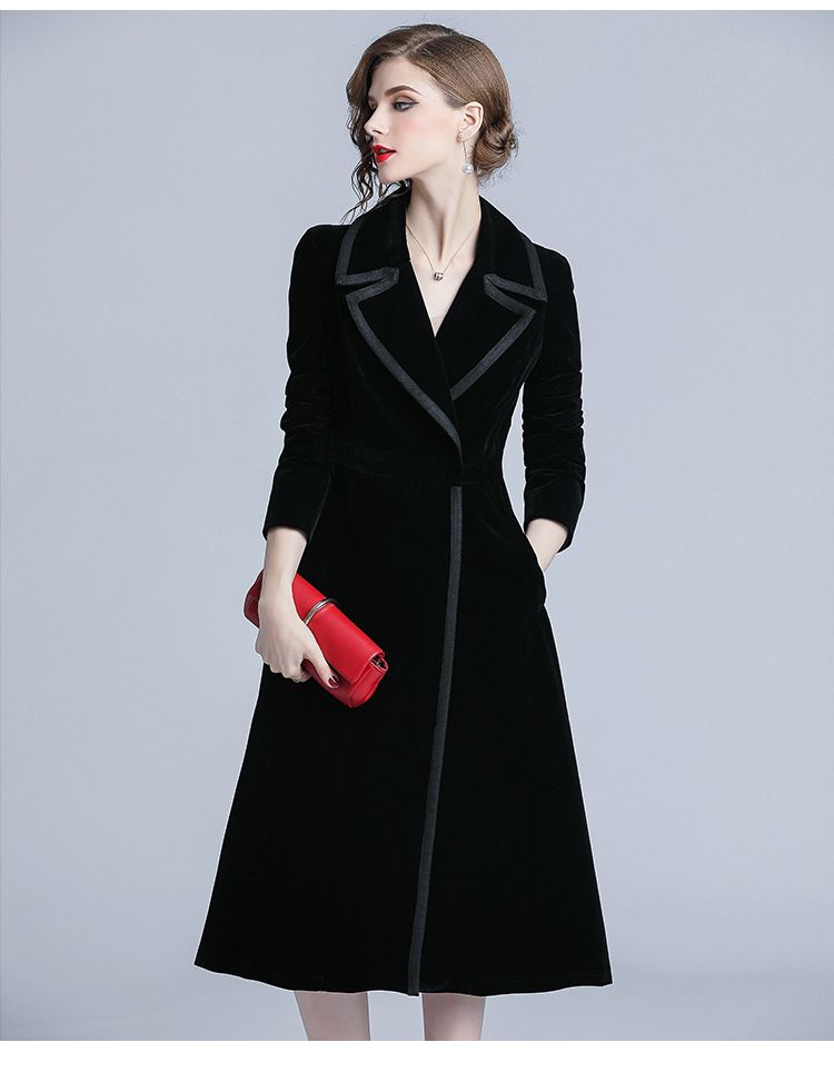 Trench in velluto nero di media lunghezza da donna, modello Dea, primavera e autunno, di Socialite Fashion_voghion.com