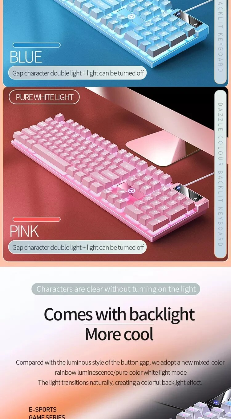 K500 Mixed Color White Pink Keycaps 104 Keys Wired Gaming Keyboard For Laptop PC_voghion.com