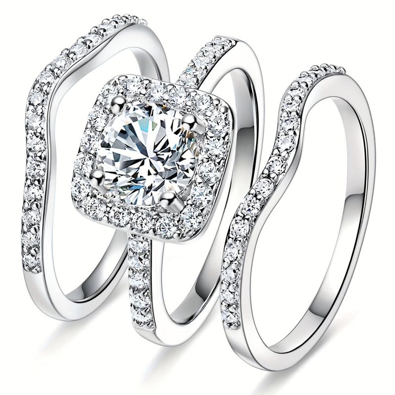 Driedelige set eenvoudige, elegante vierkante zirkonia-stapelringen voor vrouwen, prachtige sieraden en een huwelijkscadeau._voghion.com