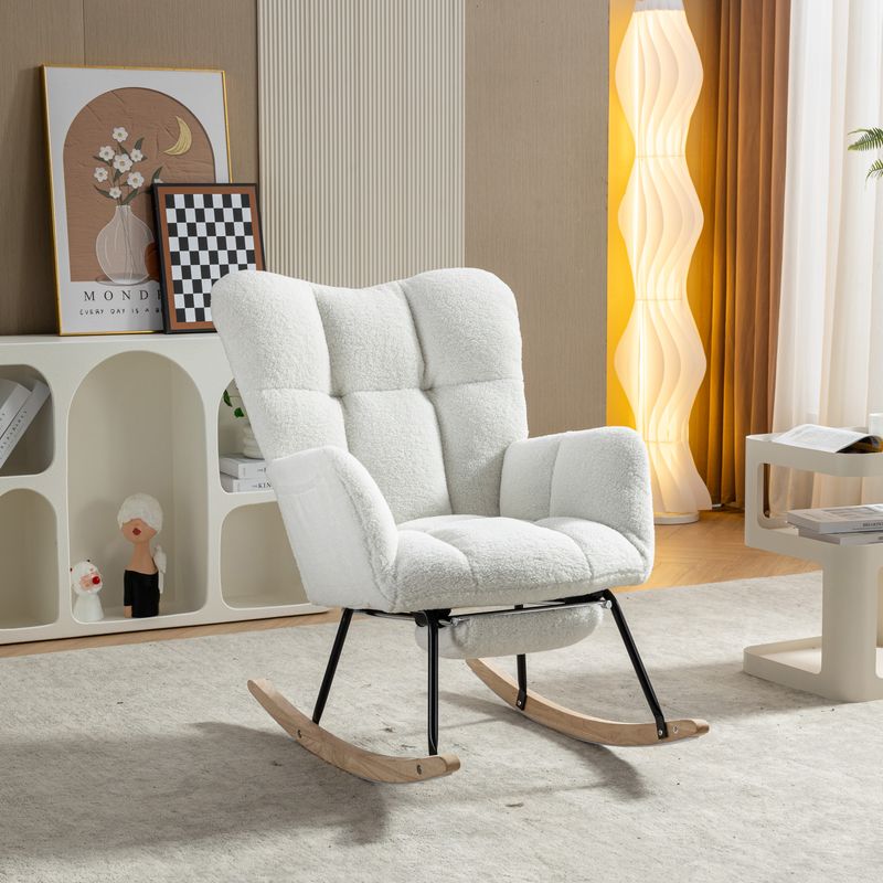 009B Fauteuil à bascule rembourré en tissu tissé Teddy blanc avec pouf dissimulé_voghion.com