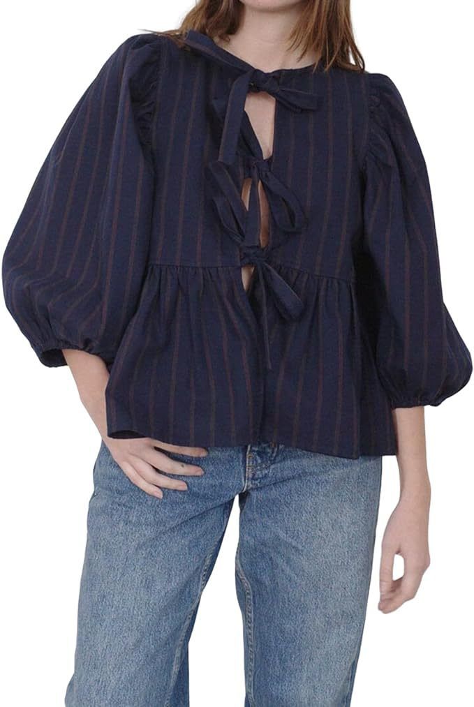 Women's Clothing Tie Front Top Leopard Print Ruffle Babydoll Top 3/4 Length Puff Sleeves_voghion.com