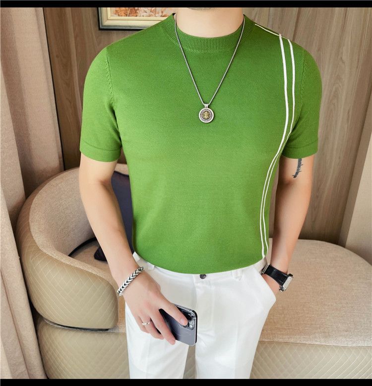 Summer New Products Men's Thick Short Sleeve T-Shirt Threaded Neckline Short Sleeve Knitted Sweater Slim Fit Elastic Bottom Sweater Undershirt_voghion.com