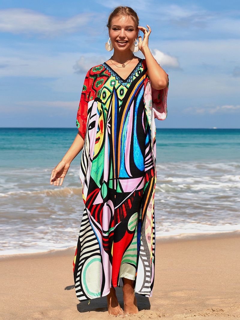 Strandkleid aus 100 % Baumwolle für Damen – Sonnenshirt mit Boho-Print, locker sitzende Bademode, Langarm-Tunika für den Urlaub am Pool_voghion.com