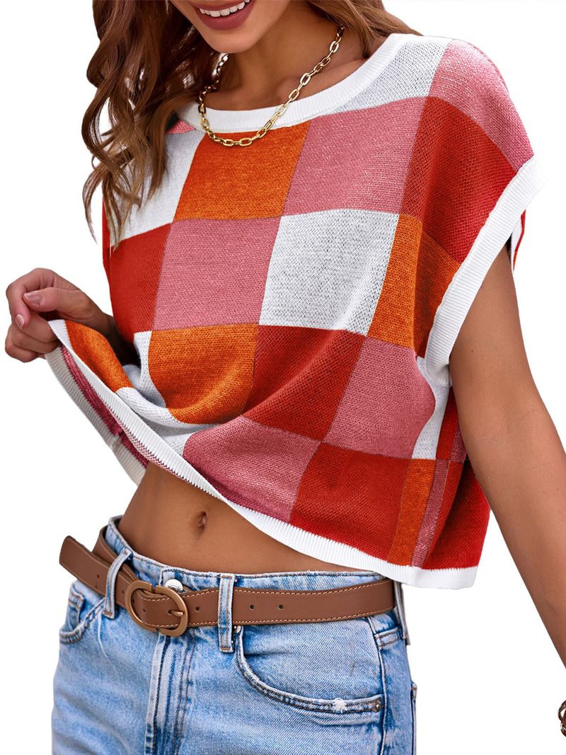 Women's Cropped Short Sleeve Knit Sweater With Color Block & Checkerboard Design - Round Neck, Oversized Fit, Breathable Fabric_voghion.com