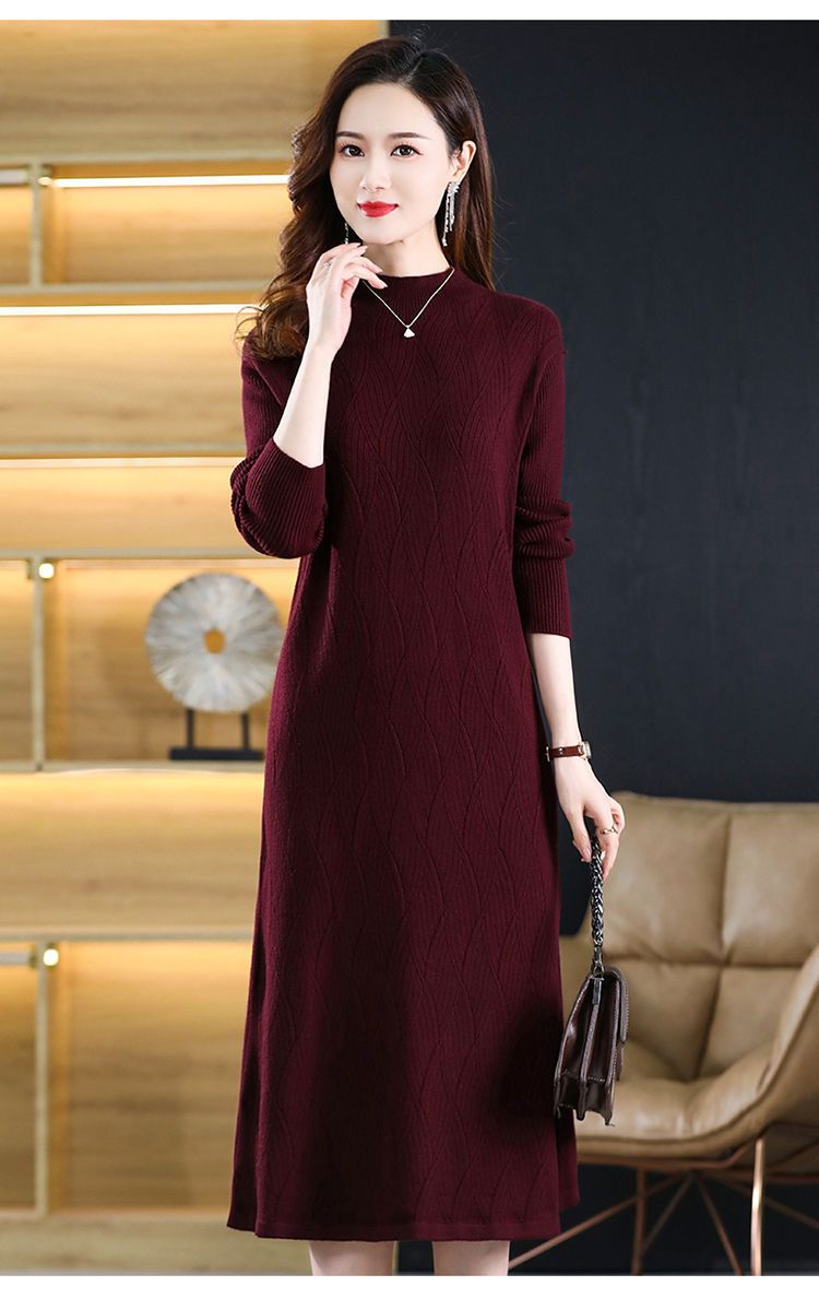 Herbst-Wintermantelpullover für Damen, halber Rollkragen, lockere lange Ärmel, mittellange Basisschicht, Overknee-Strick_voghion.com