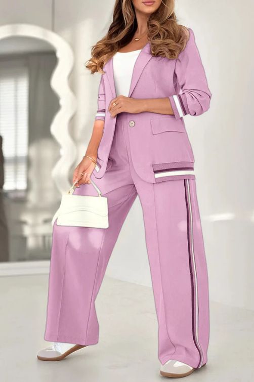 New Fashion Solid Color Ribbed Office Commuter 2-Piece Set - Stretchy Polyester Blend Women's Casual Suit With Pockets_voghion.com